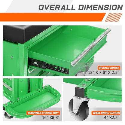 PM PERFORMOTOR 3-Drawer Tool Chest Rolling Mechanic Seat with Tool Trays,350lbs Max Weight Capacity, Green,PM-TOL-RST1-GR - color: Green