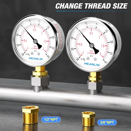 MEANLIN MEASURE -30inHG~30Psi Stainless Steel 1/4" NPT 2.5" FACE DIAL Vacuum Pressure Gauge, Lower Mount, with 1/2" NPT and 3/8" NPT Hex Bushing - size: -30inHG-30Psi