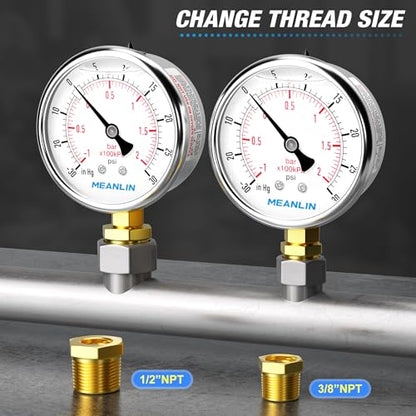 MEANLIN MEASURE -30inHG~30Psi Stainless Steel 1/4" NPT 2.5" FACE DIAL Vacuum Pressure Gauge, Lower Mount, with 1/2" NPT and 3/8" NPT Hex Bushing - size: -30inHG-30Psi