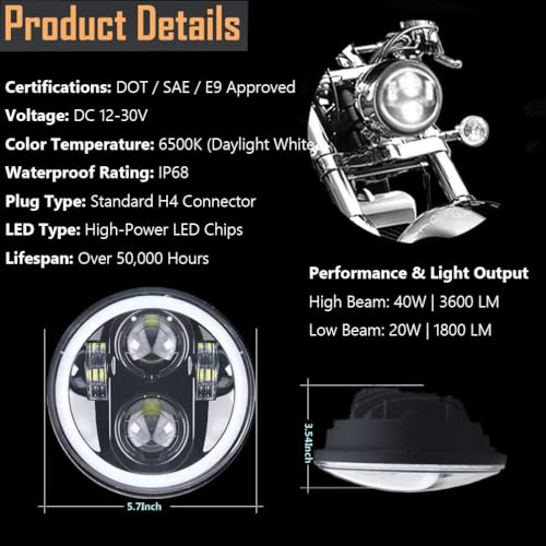 ROCCS 5.75" LED Motorcycle Headlight, Waterproof H4 Plug & Play Headlamp, 5-3/4 Round Headlight with Multi-Color Halo Ring Compatible with Harley Dyna Sportster 883 72 48