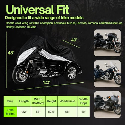 Formosa Covers XL Trike Motorcycle Cover - Cotton Windshield, Water-Resistant, All-Season, Heavy Duty - Fits Harley Davidson Triglide, Honda Gold Wing, California Sidecar, Kawasaki, Suzuki, Yamaha - size: Deluxe Trike