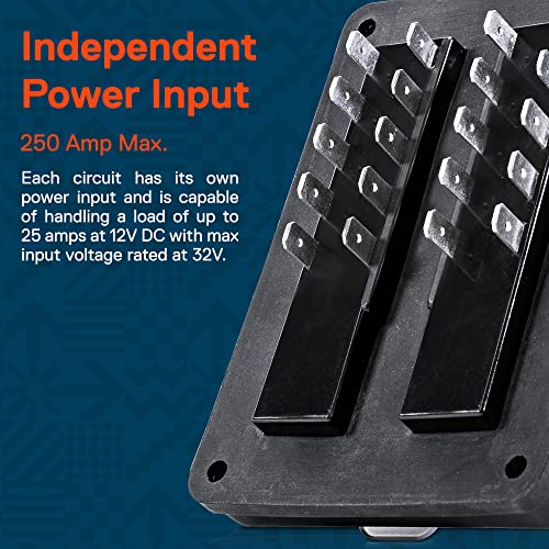 True Mods 10 Way Waterproof Fuse Box for Automotive [ATC/ATO Blade Fuses] [250 Amp] [Up to 25A per Socket] [LED Indicator] [12V - 32V DC] Auto Marine Fuse Block