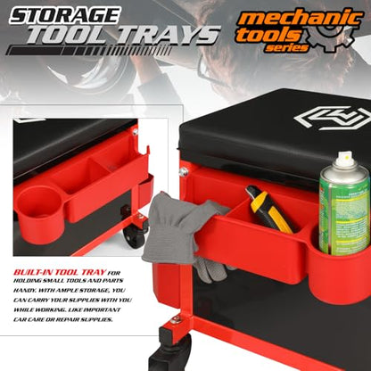 M-AUTO Mechanic Stool Garage Rolling Tool Chest Seat w/Drawer & Tray, 350LBS Capacity Multi-Function Adjustable Height Mechanic Creeper Seat for Projects Inside The Garage and Workshop, Red - size: 16"
