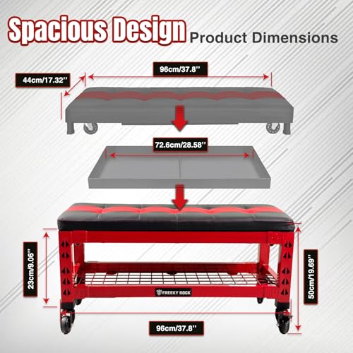 3-in-1 Rolling Garage Bench Seat with Creeper Pad,Storage (Red)