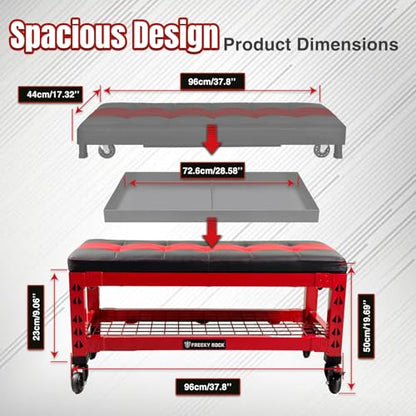3-in-1 Rolling Garage Bench Seat with Creeper Pad,Storage (Red)