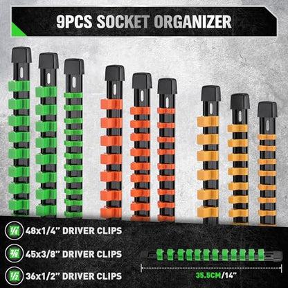 SWANLAKE Organizer Socket Holder, 9PCS 1/4-Inch x 48 Clips, 3/8-Inch x 45 Clips, 1/2-Inch x 36 Clips, Premium Quality Socket Clip Rail Holder - style: 9 PCS Green&Yellow&Orange