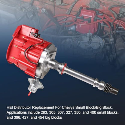 HEI Distributor Replacement For Chevy SBC BBC 283 305 307 327 350 400 small blocks 396 427 454 big blocks V8 65k Coil 7500RPM Red Cap Super Coil Racing Ignition Distributor Replace JM6500R PE350R