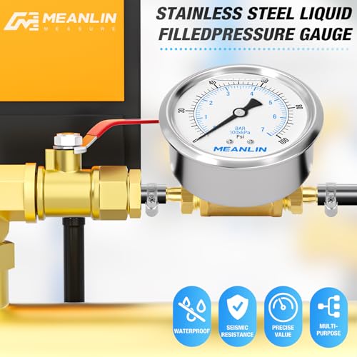 MEANLIN MEASURE 9Pcs Kit 0-100Psi Stainless Steel Liquid Filled Pressure Gauge 1/4" NPT 2.5" FACE DIAL, Back Mount with 1/4" 5/16" Hose Barb, Tee Fittings, WOG Water Oil Air - size: 0-100Psi (9Pcs Kit)