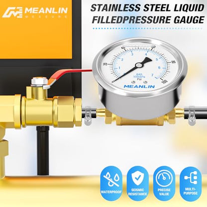 MEANLIN MEASURE 9Pcs Kit 0-100Psi Stainless Steel Liquid Filled Pressure Gauge 1/4" NPT 2.5" FACE DIAL, Back Mount with 1/4" 5/16" Hose Barb, Tee Fittings, WOG Water Oil Air - size: 0-100Psi (9Pcs Kit)