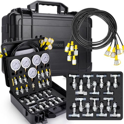 Hydraulic Pressure Test Kit, 600bar /10000psi / 60Mpa 5 Gauges 13 Test Couplings 14 Tee Connectors 5 Test Hoses, Hydraulic Test Gauge kit for Excavator Construction Machinery (5 Gauges) - size: 5 Gauges 13 Test Couplings