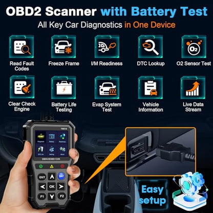 AMTIFO OBD2 Scanner with Battery Tester - Check Engine Light & Emissions Readiness, Plug & Play, Battery Health, Real-Time Date, Car Code Reader, Support All OBD II Vehicles