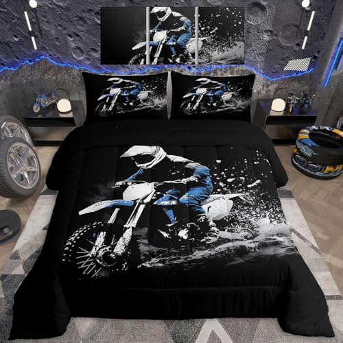Feelyou Dirt Bike Comforter Set Toddler Size Racing Themed Dirt Bike - color: Black Blue, size: Toddler