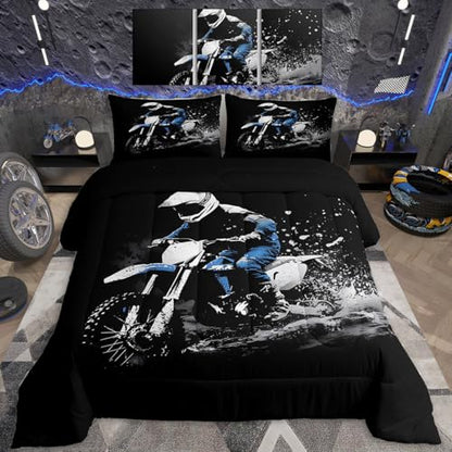 Feelyou Dirt Bike Comforter Set Queen Size Racing Themed Dirt Bike Bedding - color: Black Blue, size: Queen