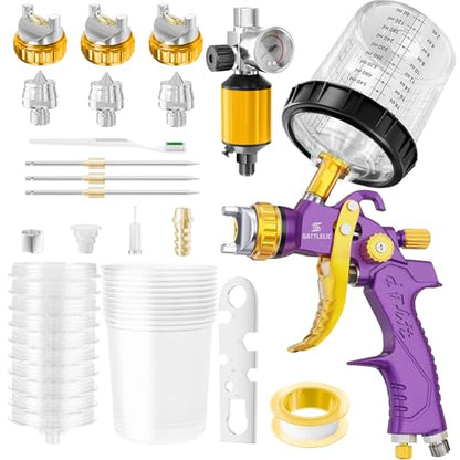 HVLP Air Spray Gun with 1.4/1.7/2mm Nozzles & Air Compressor Regulator, Air Spray Paint Gun w/10pcs 600cc Mixing Cup and Lids, Automotive Paint Sprayer for Car, House Painting, Furniture (Purple) - color: Purple