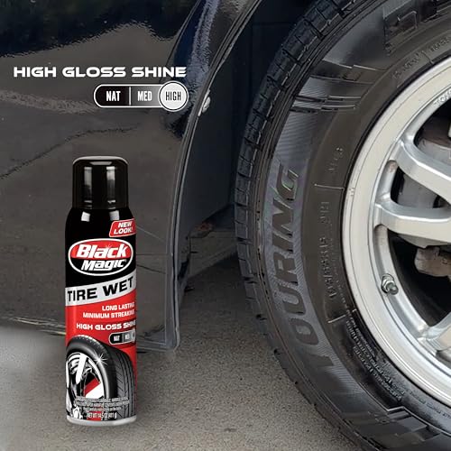 Black Magic BC23220 Tire Wet Spray, 14.5 Oz. - Weather and Rinse-Resistant Formula That Leaves Tires Looking Wet, Black and Glossy With Just One Spray - size: 14.5 Fl Oz (Pack of 1), style: High Gloss Shine