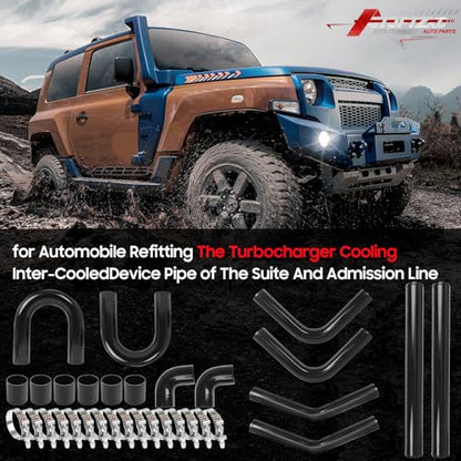2.5" Universal Aluminum Turbo Intercooler Piping U-Pipe Kit 600mm Aluminum Pipe + 8 Elbow Hose+ 16 Clamps Kit 8PCS - Black - color: Black, size: 2.5"-60cm