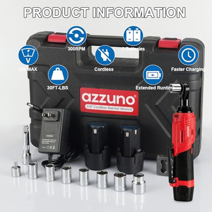 AZZUNO 2026 New Cordless Electric Ratchet Wrench Set, 3/8" 12V Power Ratchet Tool Kit With 2 Packs 2000mAh Lithium-Ion Battery And Charger - color: New Red