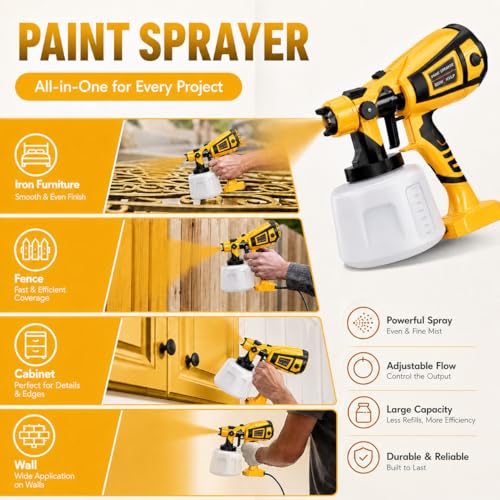 1000W HVLP Paint Sprayer for Furniture and House Painting, Electric Spray Paint Gun with Adjustable Spray Width, 4 Nozzles, 3 Spray Patterns, Blowing and Cleaning Functions, Yellow - color: bright yellow