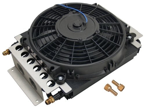 Fluid Cooler and Fan, 15-3/4 x 11-1/2 x 5 in, Tube Type, 6 AN Male Inlet/Outlet, Fittings, Aluminum/Copper, Black Powder Coat, Universal, Each