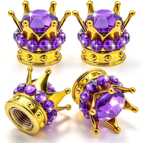 4PCS Crown Bling Tire Stem Valve Caps, Crystal Diamond Car Wheel Tire Valve Caps Universal Copper Core Stem Covers for Cars, SUV, Trucks, Bikes, Motorcycles, Bicycles (Gold & Purple) - color: Gold & Purple