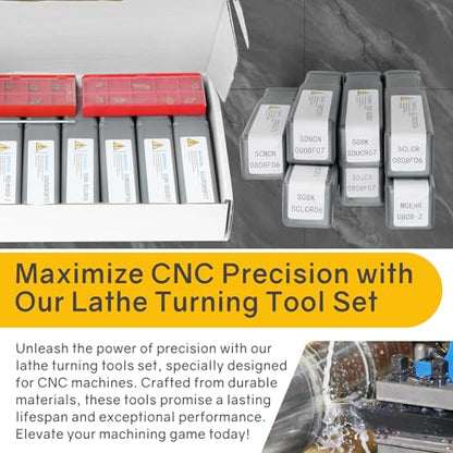 Indexable Lathe Turning Tool 21Pcs Kit 5/16" 8mm Shank 7 Pcs Metal Lathe Tool Holder Set with 14 Pcs Turning Inserts for Turning Grooving Threading Boring Carbide Inserts Carbide Turning Tool - style: 7pcs 5/16" 8mm Shanks+14pcs Inserts