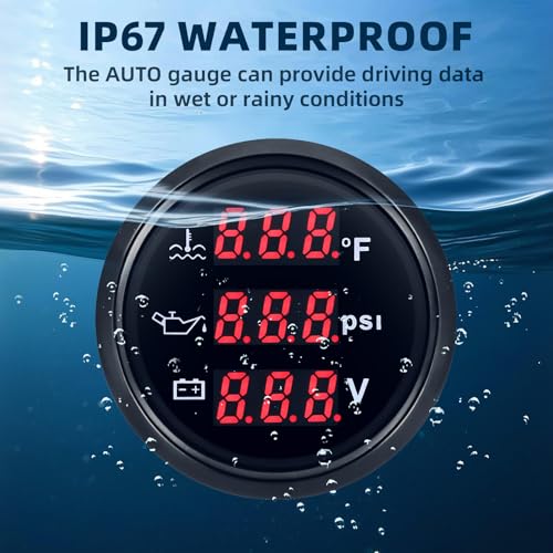 MH Triple Gauge Set - Water Temp (104°F-248°F), Oil Pressure (0-145PSI), Voltmeter (9-32V), AUTO Gauge with Sensors 2" 52mm 3-in-1 Boat Marine Meter Kit (Black) - color: Black