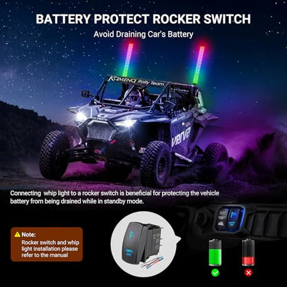 Ehaho 2PCS 1FT Fat Whip Lights for UTV ATV, Led Fatty Whip Light W/Rocker Switch & 6 Flags, Brighter Spiral Chasing Lighted Antenna Whip with APP & Remote Control for RZR SXS Can-Am - size: 1FT-2PCS