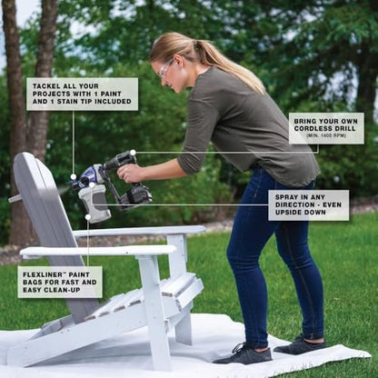 Graco 26D360 TrueCoat 360 Drill‑Powered Paint Sprayer | Sprays & Stain with No Thinning| Use Your Own Drill | Includes FlexLiner Bags, Spray Tips, Funnel & Strainer | Ideal for DIY Projects