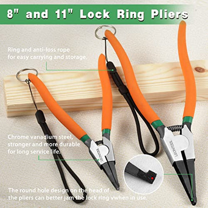 2 PCS Heavy Duty Lock Ring Pliers Set Flat Snap Ring 8'' & 11'' Special Circlip Reverse Angle Tip Retaining Ring Spreader for Transmission Transfer Cases Black,chrome - size: 8" & 11" Angle Tip with Ring & Rope
