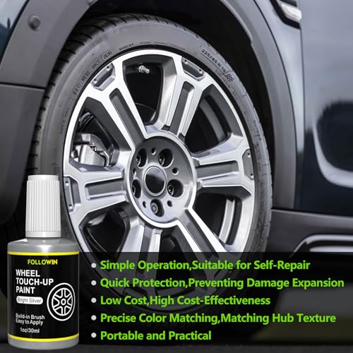 FOLLOWIN Silver Rim Touch Up Paint, Car Wheel Scratch Repair Kit, 1 fl oz - color: Bright Silver