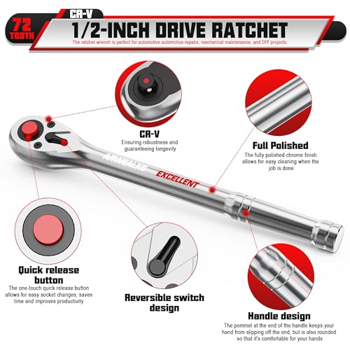 1/2-Inch Drive Ratchet, 11'' Ratchet Handle, 72-Tooth Quick-release Ratchet Wrench, Full Polished, for Auto Repair, Mechanical Repair - size: 1/2-inch 11"