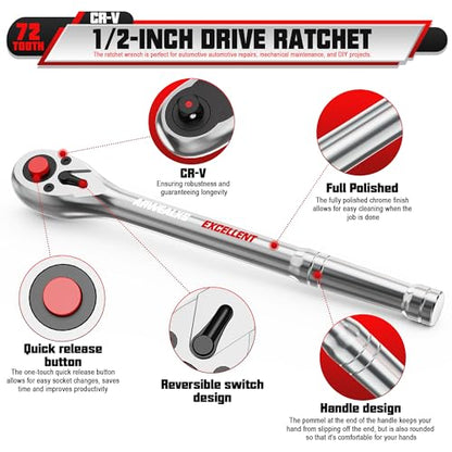 1/2-Inch Drive Ratchet, 11'' Ratchet Handle, 72-Tooth Quick-release Ratchet Wrench, Full Polished, for Auto Repair, Mechanical Repair - size: 1/2-inch 11"