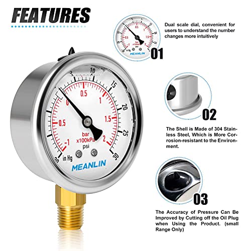MEANLIN MEASURE -30inHG~30Psi Stainless Steel 1/4" NPT 2.5" FACE DIAL Vacuum Pressure Gauge, Lower Mount (Pack of 2), with 1/2" NPT and 3/8" NPT Hex Bushing - size: -30inHG-30Psi (2Pcs)
