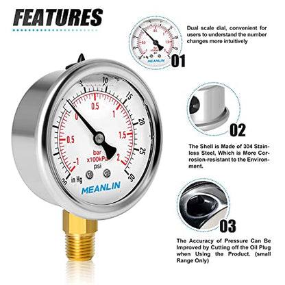 MEANLIN MEASURE -30inHG~30Psi Stainless Steel 1/4" NPT 2.5" FACE DIAL Vacuum Pressure Gauge, Lower Mount (Pack of 2), with 1/2" NPT and 3/8" NPT Hex Bushing - size: -30inHG-30Psi (2Pcs)