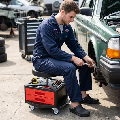 Goplus Rolling Mechanic Stool with Cushioned Seat, 3 Drawers - color: Red, size: Tool Chest