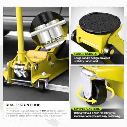 PM PERFORMOTOR Low Profile Hydraulic Trolley Service/Floor Jack, 4 Ton (8000 lbs) Capacity, Lifting Range 4.5"-20", Yellow,PM-TOL-FJ40-YL - color: Yellow