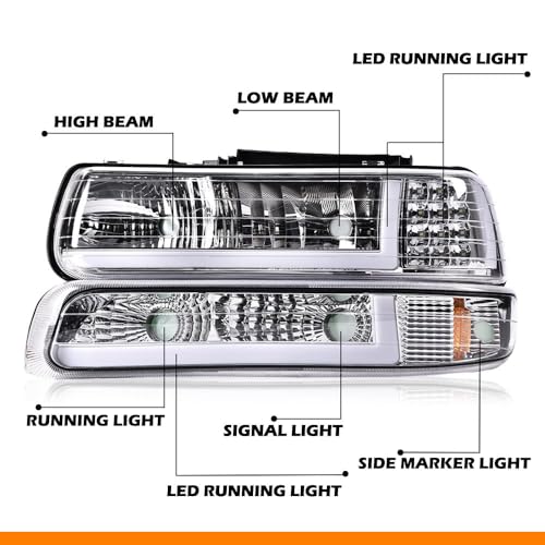 G-PLUS LED DRL Headlights Assembly Fit 1999-2002 Chevy Silverado - size: [LED Chrome] 1999-2002 Silverado