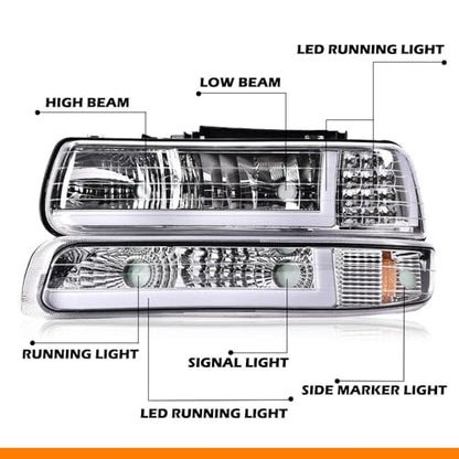 G-PLUS LED DRL Headlights Assembly Fit 1999-2002 Chevy Silverado - size: [LED Chrome] 1999-2002 Silverado