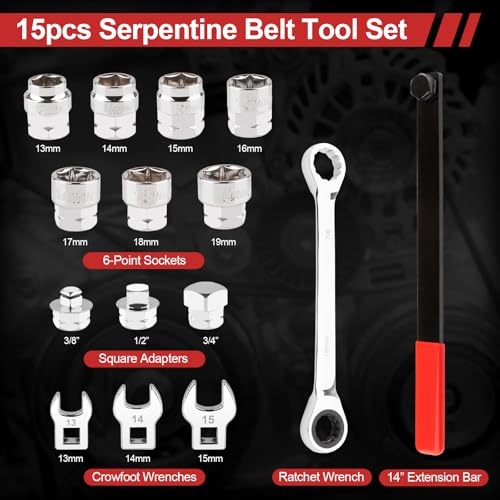 15PCS Serpentine Belt Tool Kit, Premium CR-V Alloy Steel