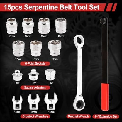 15PCS Serpentine Belt Tool Kit, Premium CR-V Alloy Steel