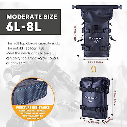 WILD HEART Waterproof Crash Bar Bags 6L/8L/15L Motorcycle Bag used as Motorcycle Luggage Sissy Bar Back Seat Saddle Rack Rear Fender Pouch Dirt Bike Gear Side Tool Bag Pack for moto ATV(6L Black - color: 6L PVC black
