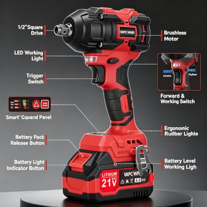 1/2" Cordless Impact Wrench 1500 N.m Power Impact, w/2pcs 21V 2x4.0AH M18 Rechargable Battery, Fast Charger,Impact Driver Kit (0-8800 rpm), Socket for drill,Screwdriver,lug nuts