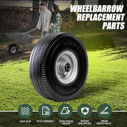 4.10/3.50-4 Tire & Wheel Flat Free, 2 Pcs Heavy Duty Solid PU Non-inflated Tires with Double Sealed Bearings, 5/8 in Axle Bore Hole & 2.15 in Offset Hub for Dolly/Garden Cart/Wheelbarrow/Wagon - size: 2 Pack Tires