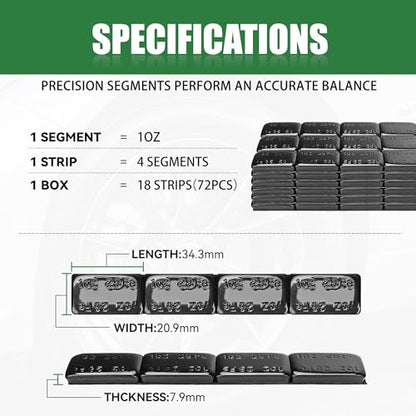 1oz Adhesive Wheel Weights, 1 oz Black Stick on Wheel Weights,A Box of 18 Strip, 4 Segments one piece (72 Oz Pack) - color: Black, size: 1oz-72PCS