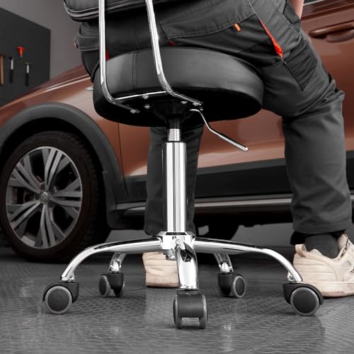 VEVOR Shop Stool with Backrest, Pneumatic Height Adjustable Garage Seat, 300 lbs Load, Roller Creeper Seat, 360 Swivel Padded Workshop Stool, Black - style: with Backrest and Casters