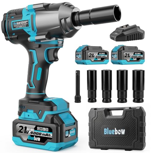 Bluebow Cordless Impact Wrench, 960 ft-lbs (1300 N·m) Brushless Impact Wrench with 2x4.0Ah Battery, 1/2" 3-Speed Modes Impact Gun with 4 Sockets for Pickup, Truck, Home Car - size: XLarge