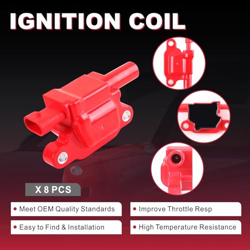 red Set of of 8 Square Ignition Coil Pack Fits for 5.3 V8 2007 2008 2009 2010 2011 Chevy Silverado 1500 Avalanche Tahoe Suburban GMC Yukon Sierra Coils 5.3L UF413 12570616 (UF413 red+748UU+41-962)
