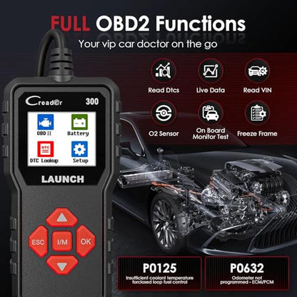 Check Engine Code Reader, LAUNCH Creader CR300 OBD2 Scanner Diagnostic Tool, Live Data Battery Voltage Test, Read Clear DTCs, I/M Readiness, for 1996+ Cars Trucks SUVs OBDII