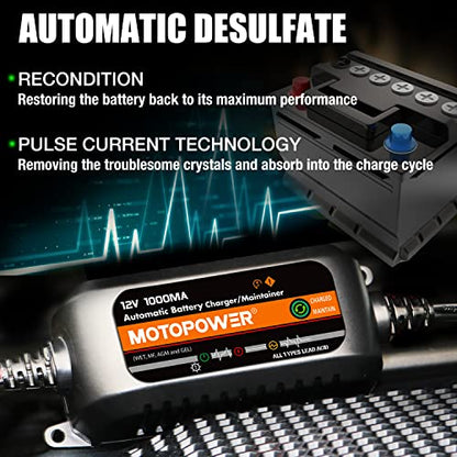 MOTOPOWER MP00205B 12V 1000mA Automatic Battery Charger, Battery Maintainer, Trickle Charger, and Battery Desulfator with Timer Protection - Black Edition - color: b) - Black
