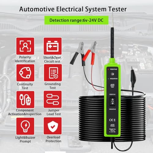 Circuit Tester Tool, 6-24V DC, Test Light with Short Circuit Detection, Polarity Identifier, Continuity Testing (Green) - color: Green